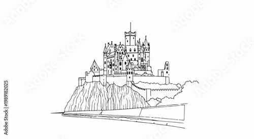 Ornate medieval castle perched on a rocky cliff overlooking a body of water