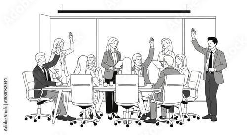 Business meeting decision, voting at conference table, teamwork concept, diverse group raises hands
