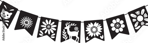 Vector Icons Set of Vibrant  Papel     Picado Cut Paper Art for Mexican Celebrations. Decorative Banner Flags Illustration