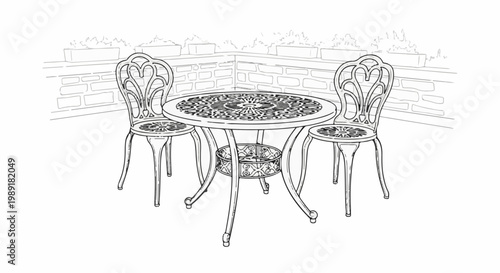 Ornate metal bistro set with decorative table and chairs on a brick patio