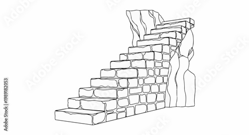 Outline drawing of a stone staircase integrated with rock formations