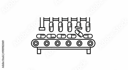 Outline drawing of a conveyor belt with capsules being processed