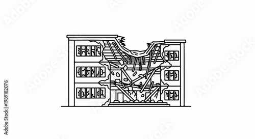 Outline drawing of a multi-story building with its roof and upper floors heavily damaged and collapsed inwards