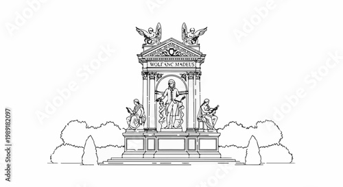 Ornate monument with central figure, flanking musicians, and cherubic figures above