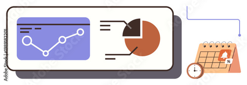 Data analysis, business performance, workflow organization, productivity tools, work management, project scheduling. Graph, pie chart calendar with clock icon. Data analysis and workflow tools theme