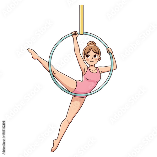 Young woman performing aerial hoop pose with graceful posture. Young adult doing aerial hoop  