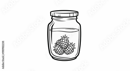 Outline illustration of a glass jar with raspberries and liquid