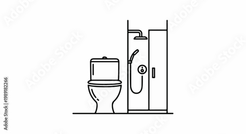 Outline illustration of a toilet and shower stall on a white background