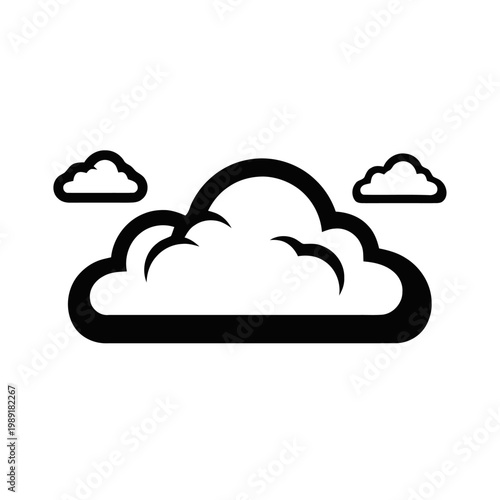 Cloud icon set features stylized weather symbols with rounded forms and minimalist black outlines for digital interfaces.