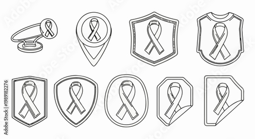 Outline icons of awareness ribbons in various badge and marker shapes