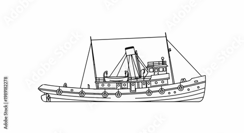 Outline illustration of a medium-sized fishing boat with a smokestack and rigging