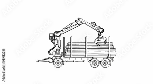 Outline illustration of a logging trailer with a crane loading timber
