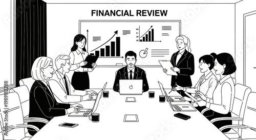 Business Meeting: Financial Review with Growth Charts and Teamwork