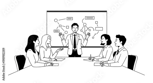 Business meeting, presentation, team collaboration, strategy planning, whiteboard discussion