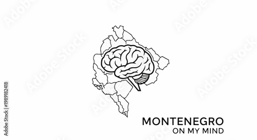 Outline map of Montenegro with a brain illustration and text