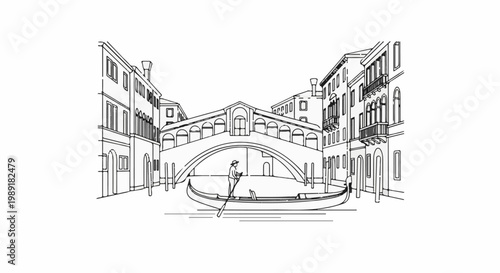 Outline sketch of a gondola on a canal beneath a stone bridge in Venice