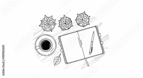 Overhead view of a notebook, pen, coffee cup, and plants on a table
