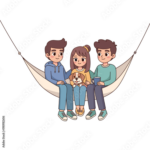 Young people sitting in hammock with dog and enjoying time together  