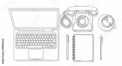 Overhead view of desk essentials laptop, rotary phone, coffee, notebook, pens