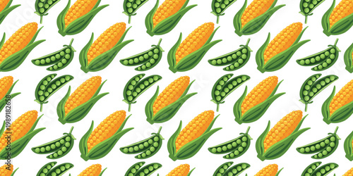 organic vegetable seamless pattern with corn and green peas