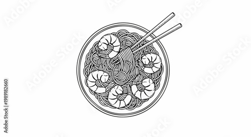 Overhead view of a black and white illustration of a bowl of noodles and shrimp with chopsticks