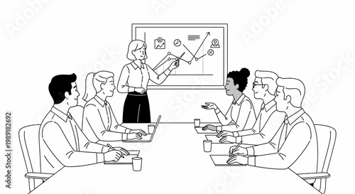 Business meeting with presentation and data analysis, people collaborating in office