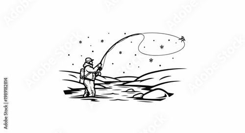 Person fishing in a river during a snowfall