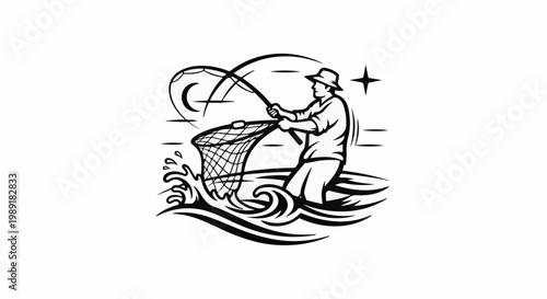 Person fishing with net in moonlit water under a star