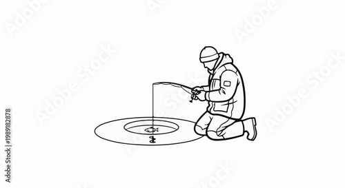 Person ice fishing, kneeling by a hole in frozen water, catching a fish