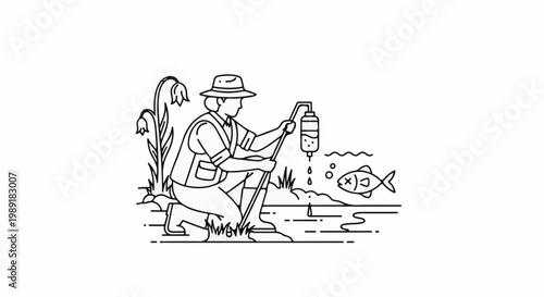 Person in hat and vest collecting water sample, fish in water