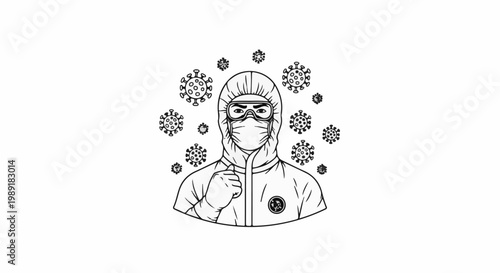 Person in hazmat suit with virus symbols