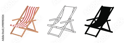 Set of beach chairs, deck chair icon flat and outline, simple silhouette and colored vector illustrations.