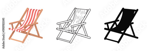 Set of beach chairs, deck chair icon flat and outline, simple silhouette and colored vector illustrations.