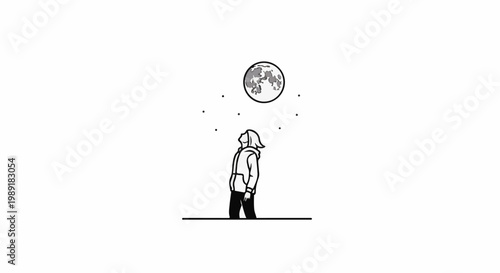 Person in hoodie gazes at full moon and tiny dots in night sky