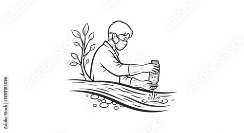 Person in mask collecting water sample next to a plant with droplets