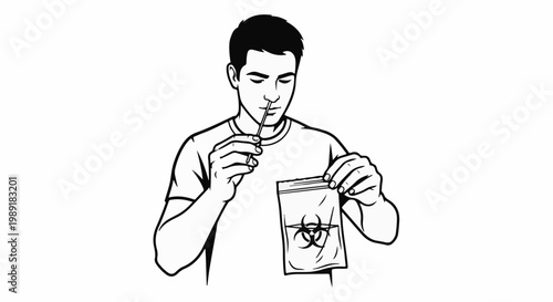 Person using nasal swab and holding a biohazard bag