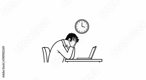 Person with head in hands at desk with laptop and clock overhead