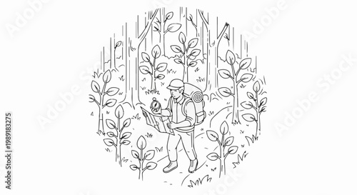 Person with backpack navigates through a dense forest using map and compass