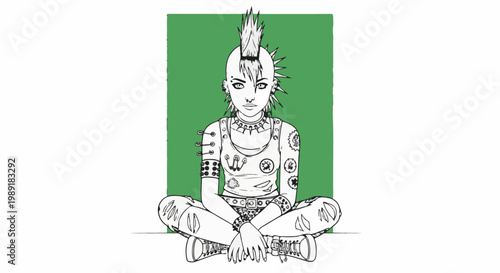 Person with mohawk haircut and tattoos, sitting cross-legged