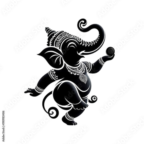 Ornate Dancing Lord Ganesha Silhouette Vector Illustration – Decorative Hindu Ganpati Design
