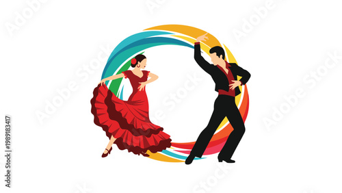 Professional flamenco dancers performing a traditional spanish dance with a colorful swirling circular background elements for artistic effect.