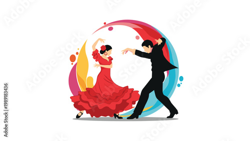 Couple of flamenco dancers in traditional costumes performing an expressive routine surrounded by a vibrant circular splash design.