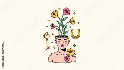 Surreal illustration of a womans head with colorful flowers growing from the brain area surrounded by mystical symbols like a key and horseshoe.