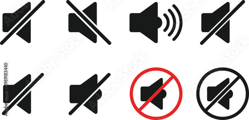 Mute and Sound Icon Set with Speaker Volume Control Symbols in Solid Style for Audio Settings, Media Controls, App Interface, and User Experience Design