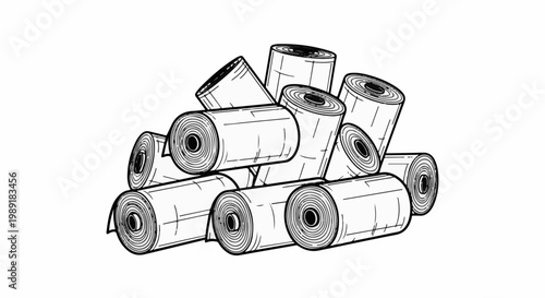 Pile of rolled-up trash bags, black and white illustration