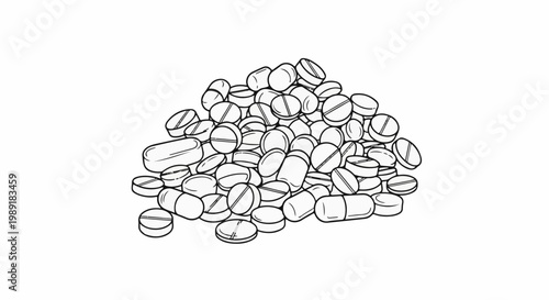 Pile of diverse medicinal pills and capsules, some scored