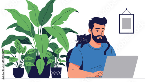 Freelance professional working on his laptop at a home office surrounded by lush green house plants with a pet cat sitting on his shoulder.