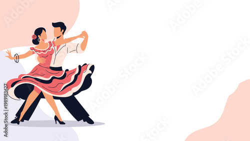 Passionate couple in traditional clothing dancing salsa or flamenco together against soft abstract pastel background shapes.