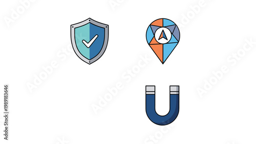 Set of modern business icons including a blue shield for security a map pin for location and a magnet for attraction. Free Download Set of modern business icons including a blue shield for security a map pin for location and a magnet for attraction. - GFXLoad