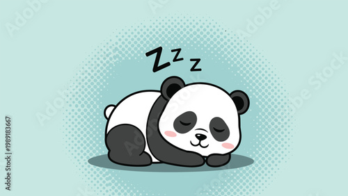 Adorable cartoon panda bear sleeping peacefully with zzz icons on a light blue dotted background for nursery decor.